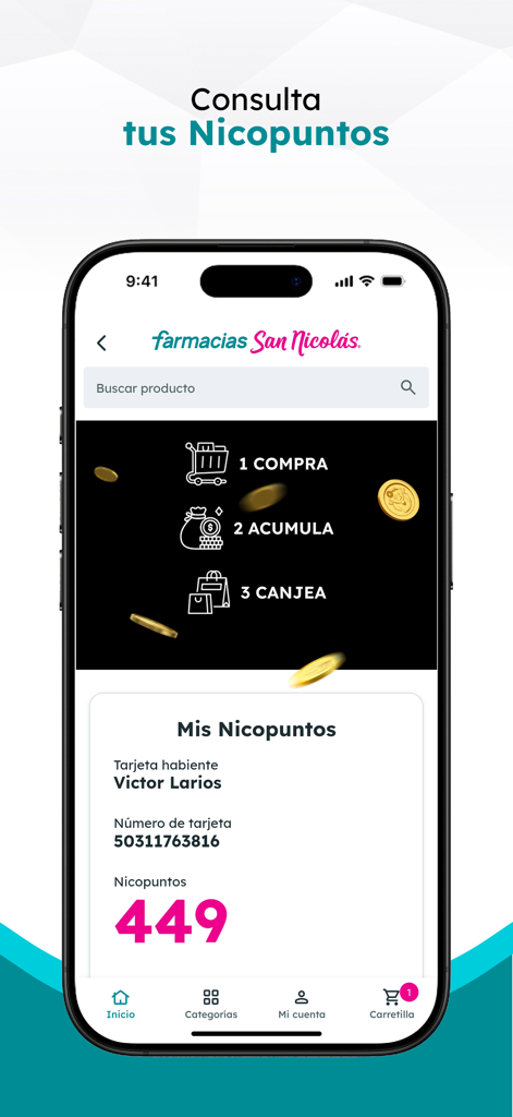 Farmacias San Nicolas App Bildschirm, der das Treueprogramm NicoPunkte und den Kontostand anzeigt
