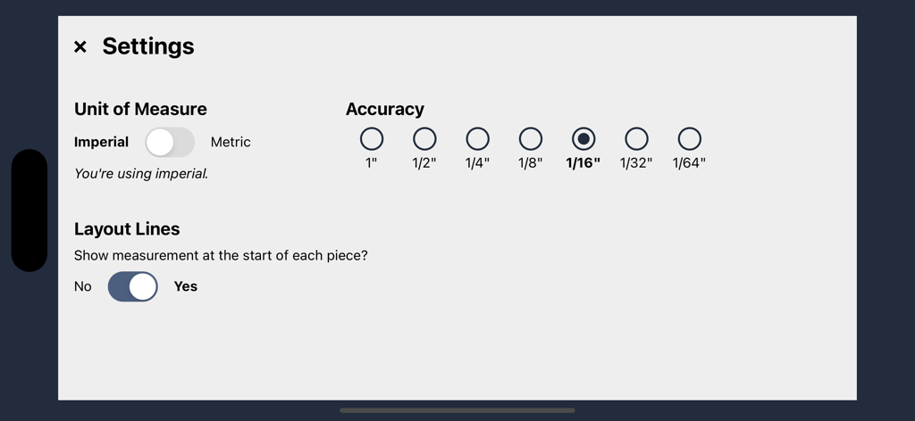 Settings menu in the Even Spacing Calculator app for selecting units and measurement accuracy