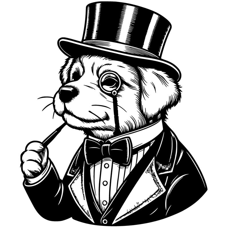 realistic dog with a top hat and a monocle and a tuxedo
