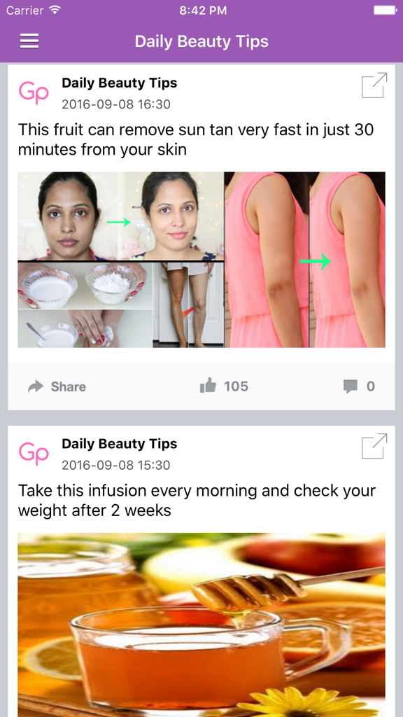 スキンケアのアドバイスと健康チュートリアルを表示する、毎日の美容ヒントアプリのフィード