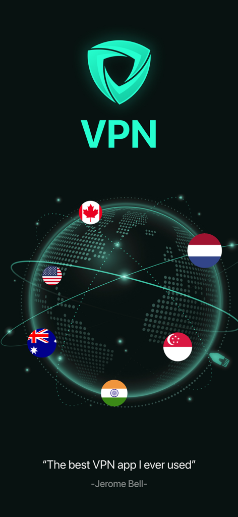 VPN : Super Unlimited Proxy - VPN Super Unlimited Proxy app screenshot showing global server locations with country flags and a user testimonial
