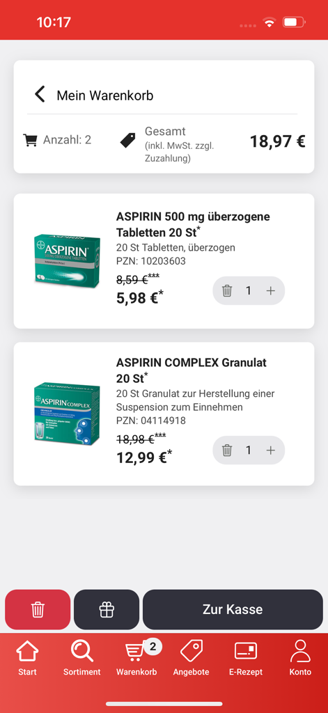 Interfaz del carrito de compras en la aplicación de farmacia móvil de apotal con productos de Aspirina y precio total