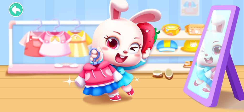 A cartoon rabbit tries on clothes in front of a mirror in a store