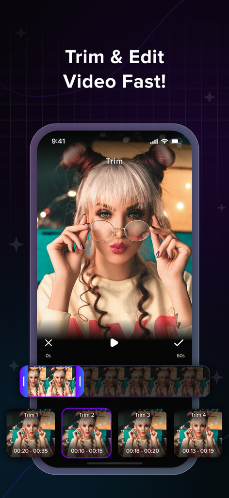 AI Captions app interface showing video trimming and editing tools on a smartphone screen.