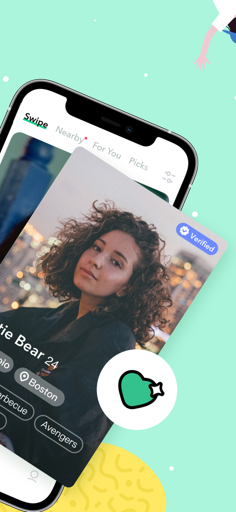 A verified user profile on the Omi dating app with a green heart like button and swipe navigation tabs.