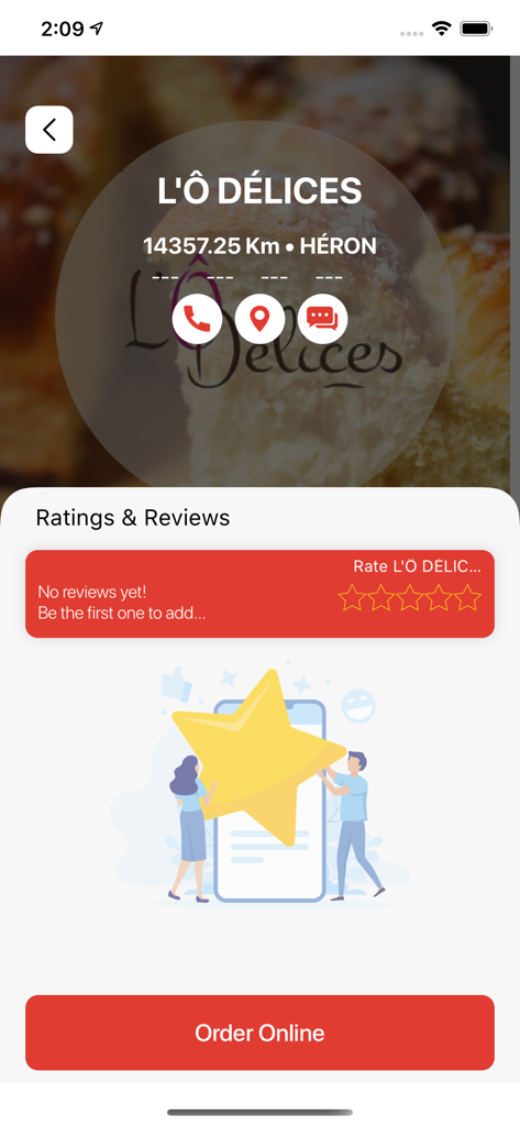 Kikidrop - Kikidrop app screenshot showing a restaurant profile for L O Delices with a ratings section and order online button.