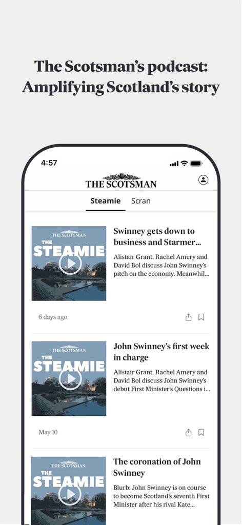 La sezione podcast dell'app The Scotsman Newspaper con episodi del podcast The Steamie.