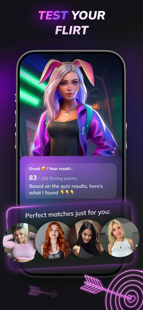 Flirtini - Match, Chat, Flirt - Interface de l'application Flirtini montrant le score d'un quiz de séduction et les correspondances de profil suggérées