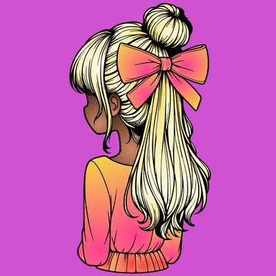 realistic girl  with hip length hair a bun and a big bow on the back of head