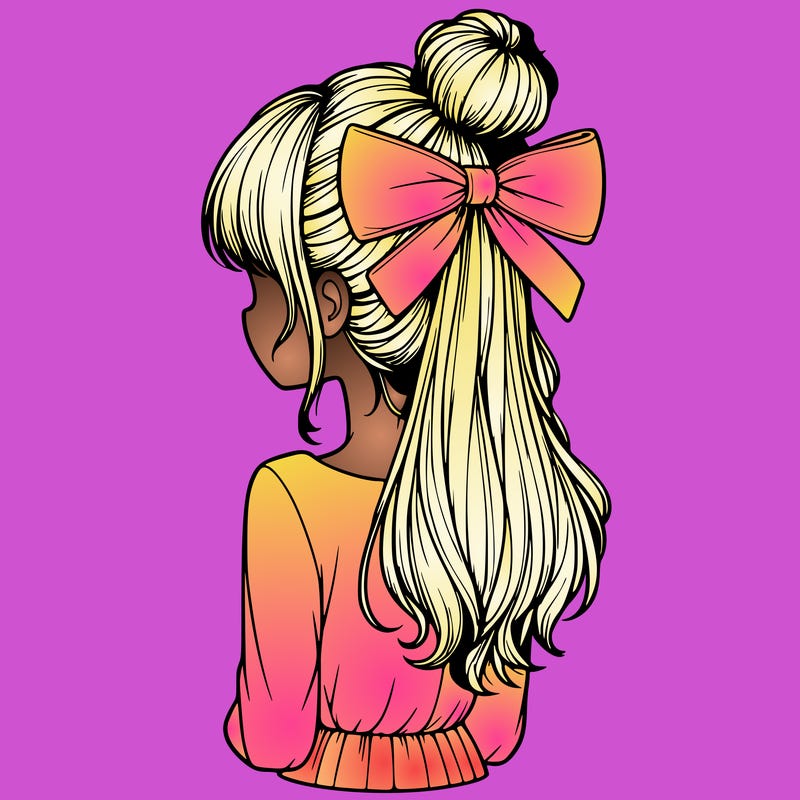 realistic girl  with hip length hair a bun and a big bow on the back of head