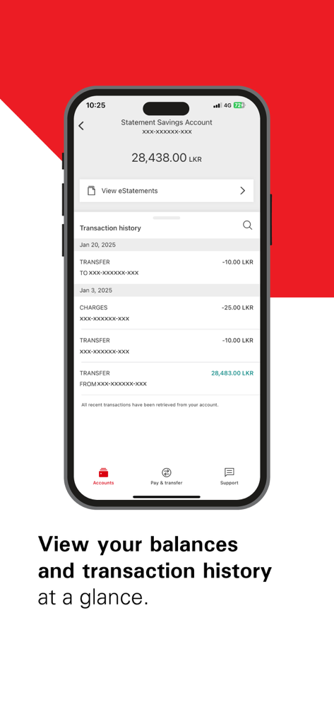 HSBC Sri Lanka - Pantalla de la aplicación móvil de HSBC Sri Lanka mostrando el saldo de la cuenta de ahorros y el historial de transacciones en LKR