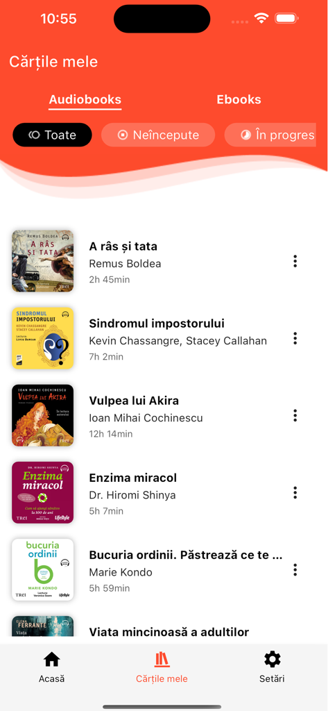 Interfaz de la aplicación móvil MyBookMag que muestra una lista de audiolibros rumanos en la sección Mis Libros.