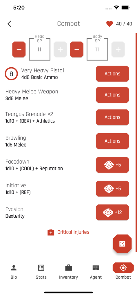 Cyberpunk Red Companion combat management screen showing character health and weapon actions