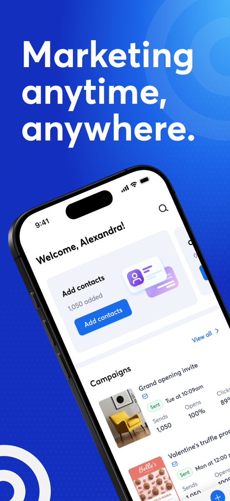 Constant Contact - Tableau de bord de l'application mobile Constant Contact affichant les campagnes marketing et la gestion des contacts.