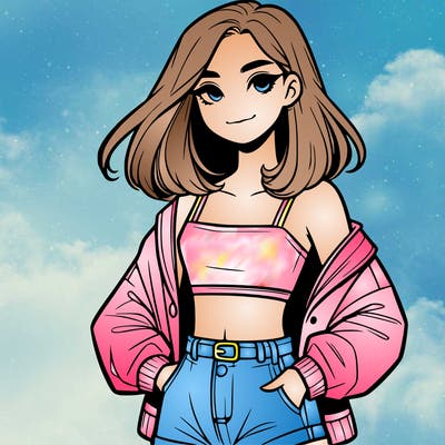 a realistic girl with a crop top and short shorts in an open jacket