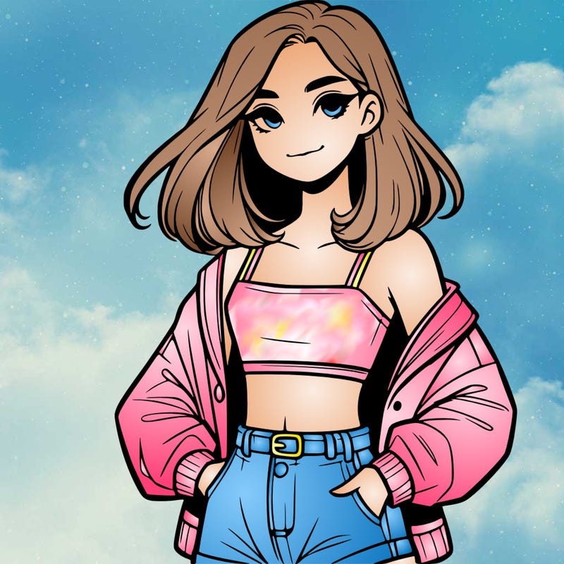 a realistic girl with a crop top and short shorts in an open jacket