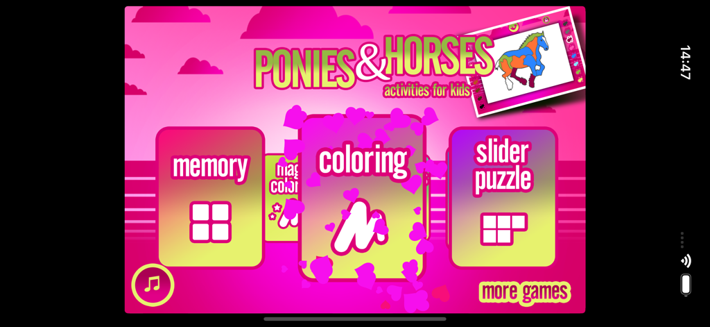 The main menu of the Ponies and Horses Activities app for kids showing buttons for memory coloring and slider puzzle games