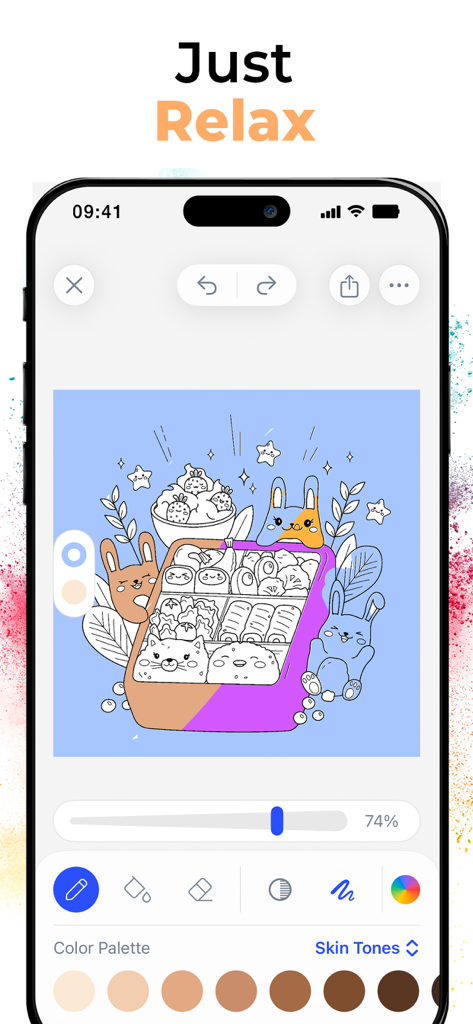 A digital coloring interface in the Bloom app featuring a cute bento box illustration with a skin tone color palette and creative tools.