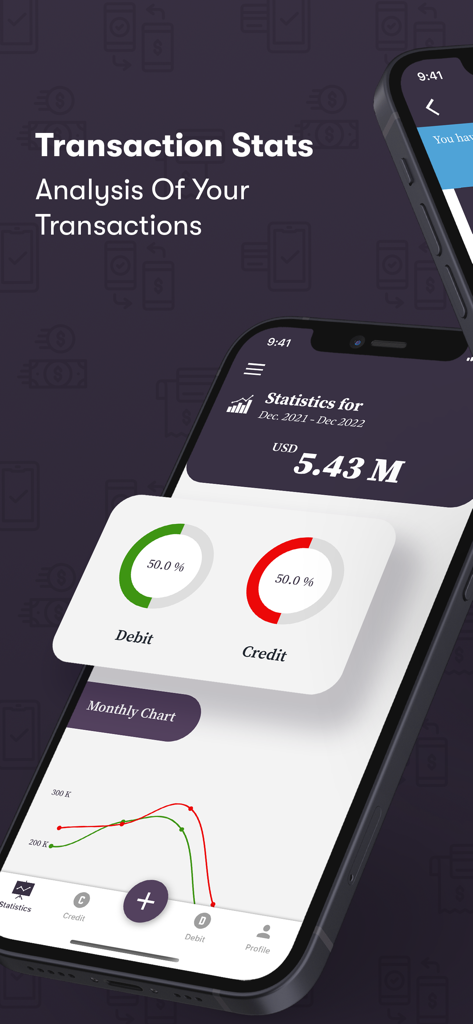 IOU-Money - Painel do aplicativo IOU Money exibindo estatísticas de transações com gráficos de débito e crédito e gráfico mensal