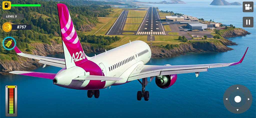 Airplane Game Flight Simulator - Un aereo viola e bianco atterra su una pista costiera in un gioco simulatore di volo.