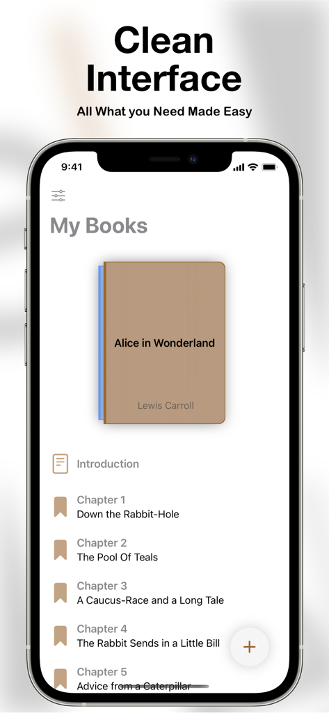 eScribo - The eScribo app interface on an iPhone showing a minimalist book organization screen with chapters and a book cover.