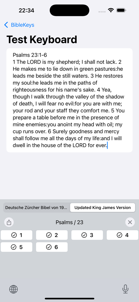 BibleKeys - BibleKeys app screenshot showing the custom keyboard inserting Psalms 23 into a note