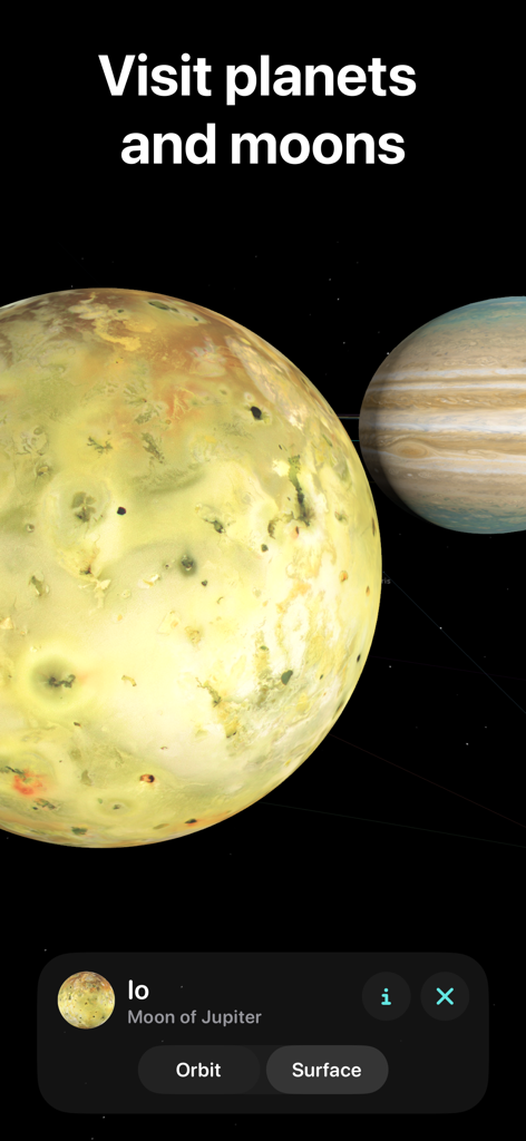 Planetaria: Space Simulator - Modello 3D della luna Io che orbita attorno a Giove in Planetaria Space Simulator