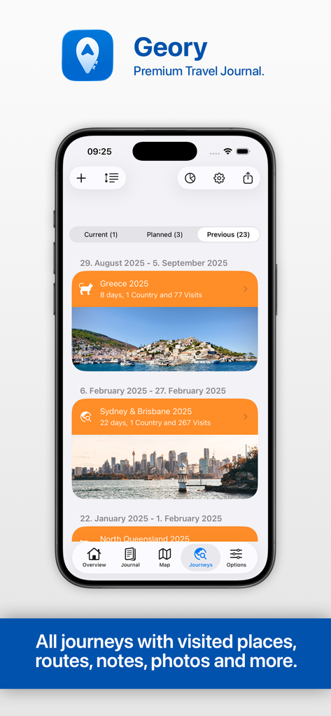 Geory travel journal app displaying a list of recorded journeys including Greece and Sydney with trip details and photos