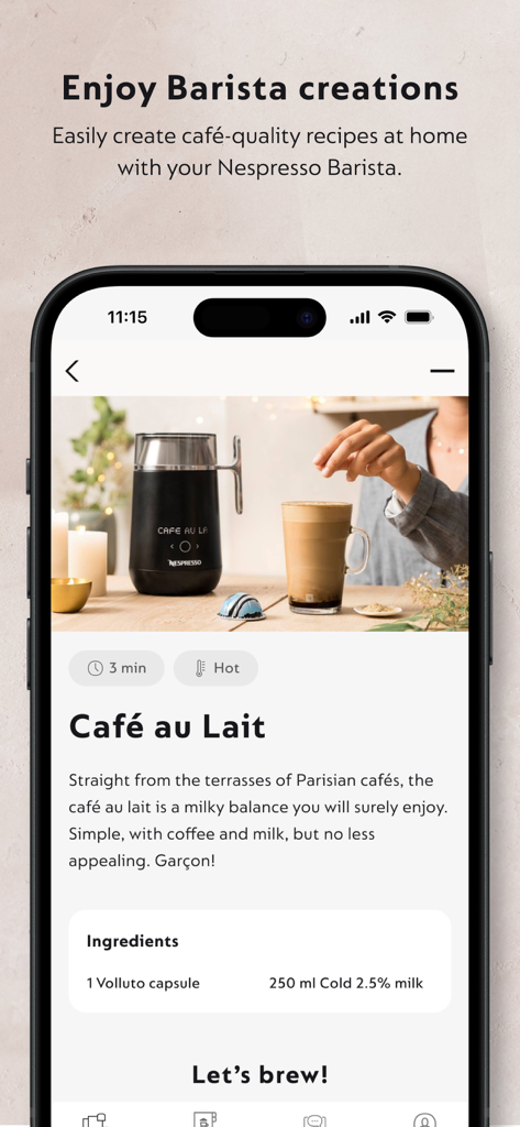 재료 및 준비 세부 정보가 포함된 카페오레 레시피를 표시하는 Nespresso Smart 앱 화면