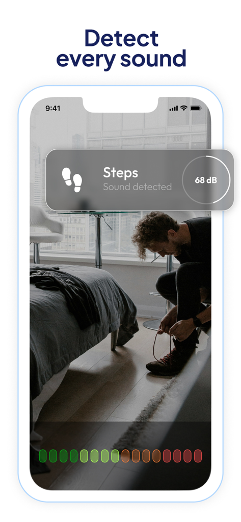 Interface de l'application Cam V360 affichant une alerte de détection de son avec un décibelmètre pour les pas détectés.