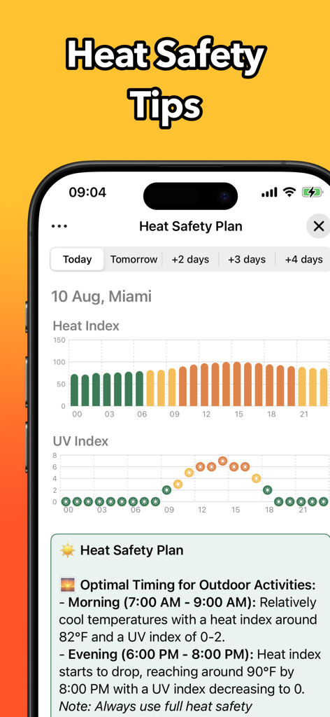 Heat Index & UV Tracker: Heats - Heats app interface displaying hourly heat index and UV charts with outdoor activity safety tips