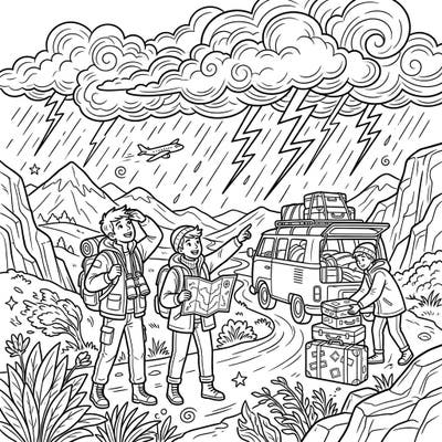 Discover the thrill of a vacation adventure under a dramatic sky with this unique coloring page. Explore a scene where pealing thunder meets spirited travel, offering an exciting canvas for your imagination.