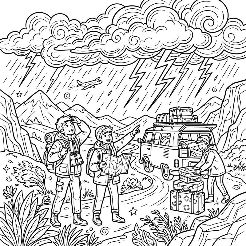Discover the thrill of a vacation adventure under a dramatic sky with this unique coloring page. Explore a scene where pealing thunder meets spirited travel, offering an exciting canvas for your imagination.