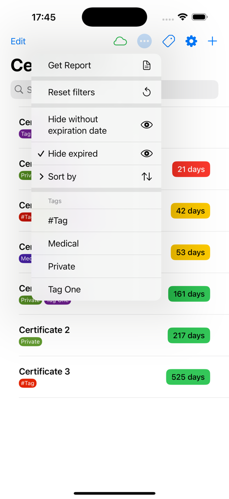 cManager plus app screen displaying a certificate list with expiration alerts and filter options