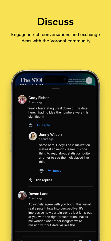 Voronoi 앱 스크린샷으로, 사용자들이 데이터 시각화에 대한 대화에 참여하는 토론 섹션을 보여줌