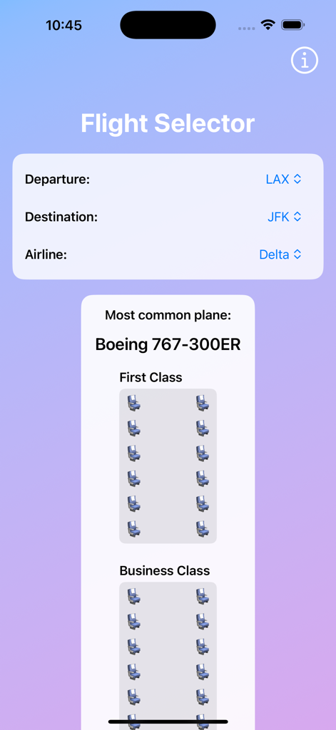 Interface do seletor de voos no aplicativo Plane Seats mostrando um mapa de assentos para um Boeing 767-300ER.