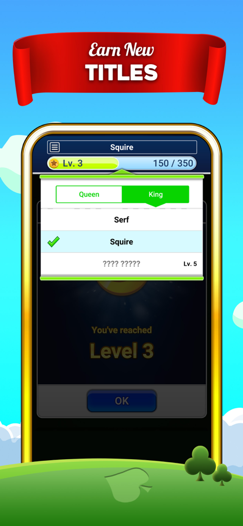 Smartphone screen showing the medieval title progression in the Castle Solitaire card game