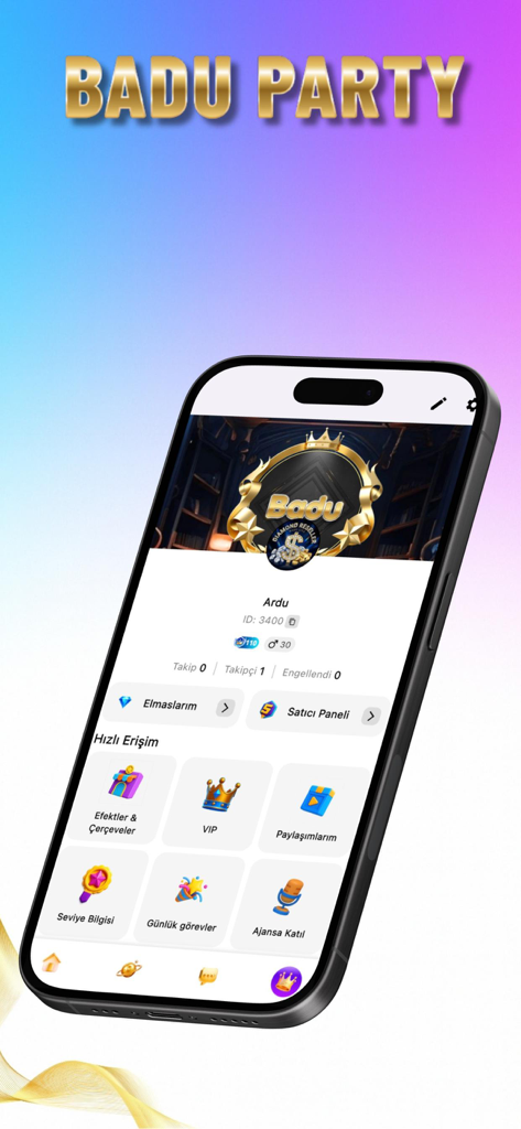 Smartphone-Bildschirm, der das Badu App-Benutzerprofil mit Diamant- und VIP-Funktionen zeigt