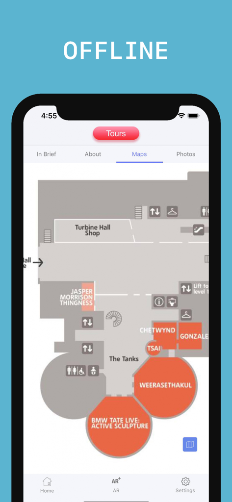 Tate Modern Visitor Guide - Tate Modern Visitor Guide app showing an offline floor plan map of the museum levels and exhibits