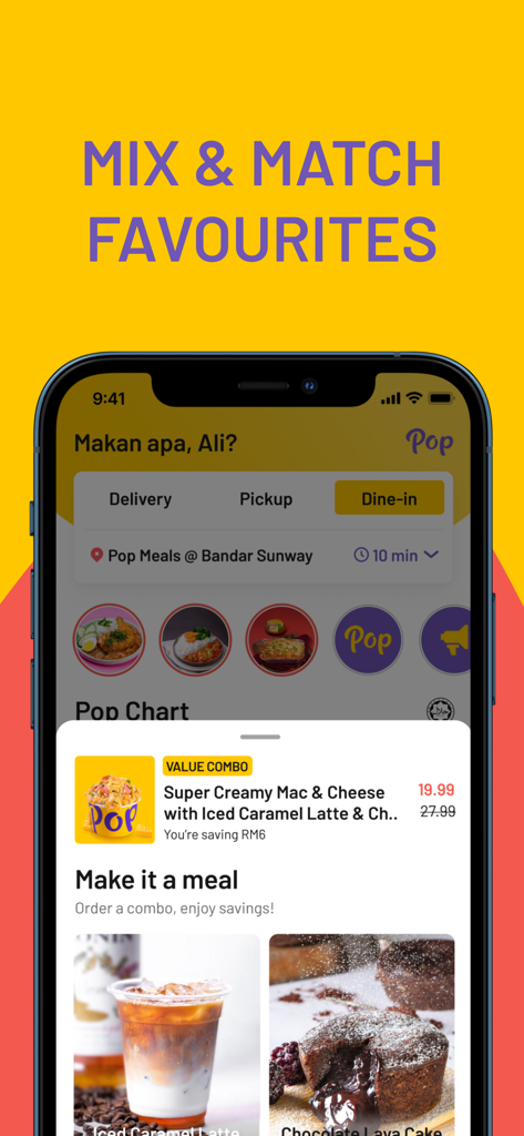 Pop - Meals just like home - Pop Meals app screen showing mix and match favorites and a value combo meal deal including mac and cheese and coffee