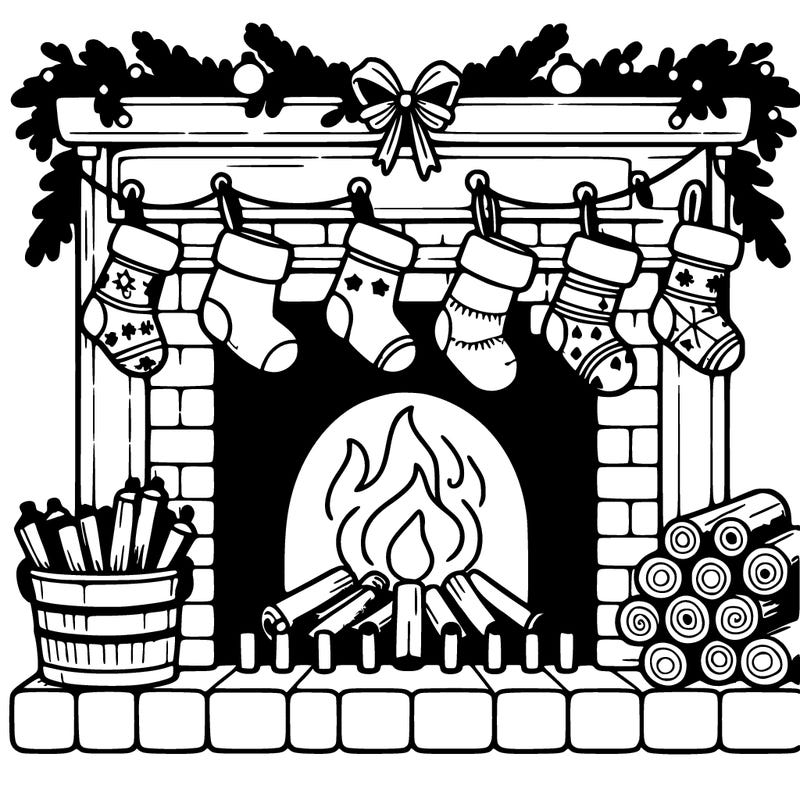 fireplace with hanging stockings and firewood