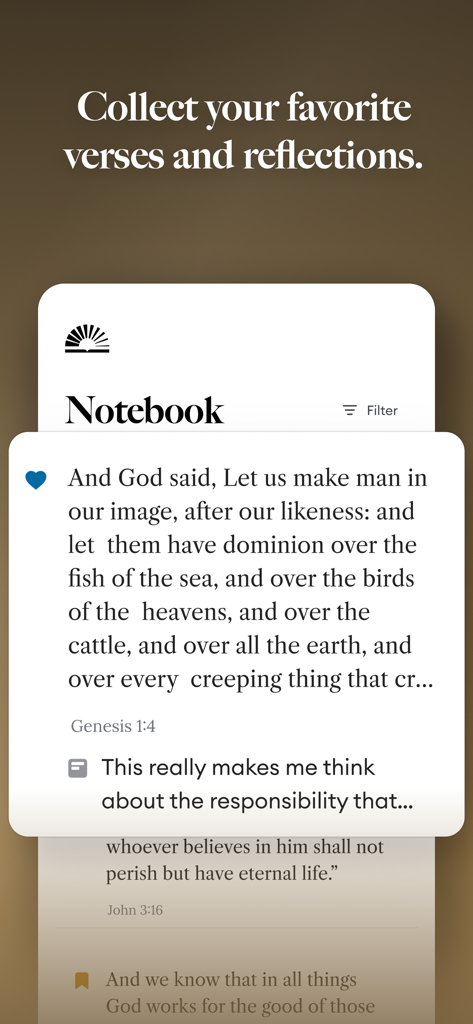 Rebind Study Bible - Interface of the Rebind Study Bible notebook feature showing a saved verse from Genesis and a personal reflection note.