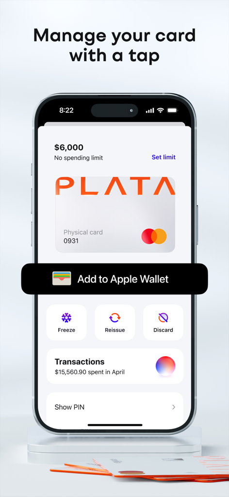 Plata Card mobile app interface showing card management tools and the Add to Apple Wallet button.