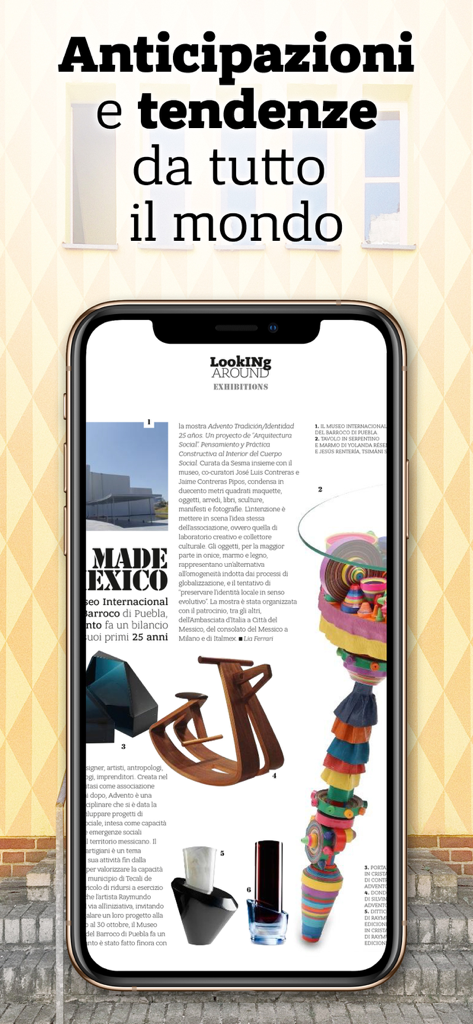 INTERNI - スマートフォンの画面にグローバルデザインのトレンドと展示機能が表示されたINTERNIマガジンアプリ