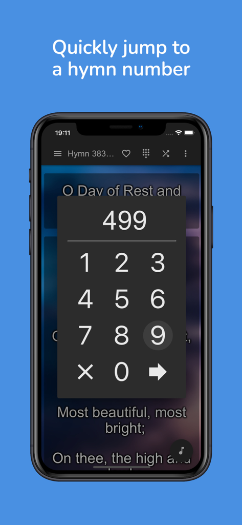 SDA Hymnal - Offline Music - Interfaz de la aplicación Himnario Adventista que muestra un teclado numérico para saltar rápidamente a un número de himno específico.