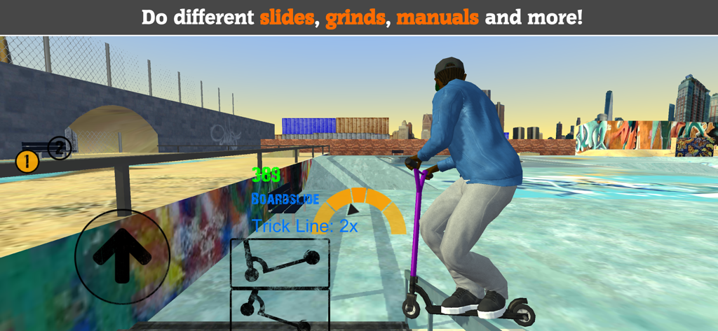 Un personaje en Scooter FE3D 2 realizando un truco boardslide en un riel dentro de un skatepark.