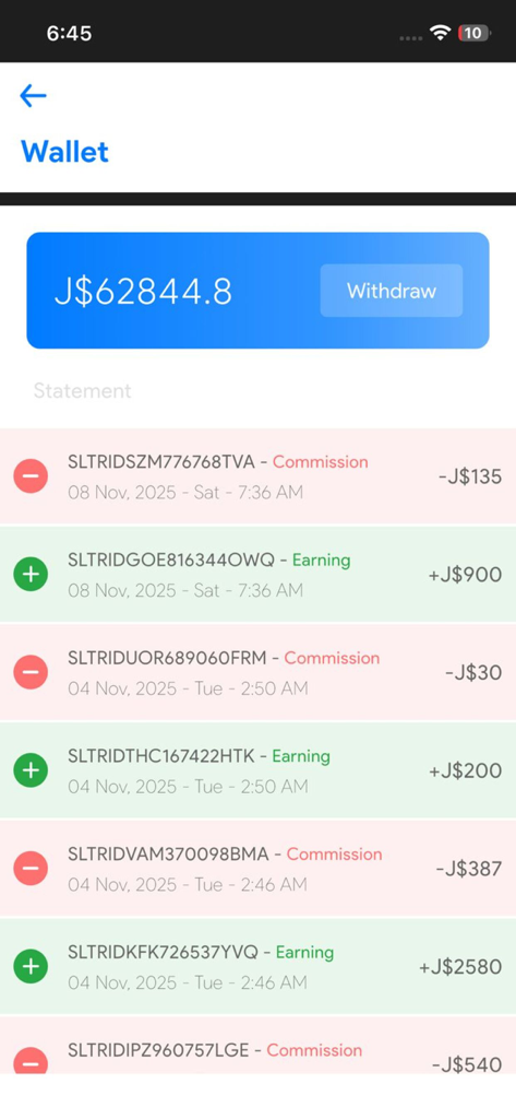 Mechanic Connect – Garage - Écran portefeuille de l'application Mechanic Connect Garage affichant les gains du solde et l'historique des transactions de commission