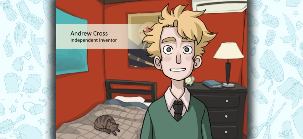Influent Language Learning - Introdução do personagem Andrew Cross, um inventor independente no jogo Influent Language Learning