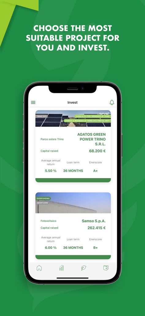 Ener2Crowd - Ener2Crowd mobile app interface showing a list of sustainable energy projects available for investment with annual return percentages