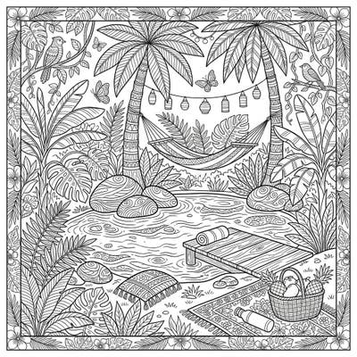 Unwind with this beautiful intricate adult coloring page, transporting you to a serene summer oasis. Featuring lush tropical plants, a peaceful pond, and a cozy picnic scene, it's perfect for a relaxing artistic escape.